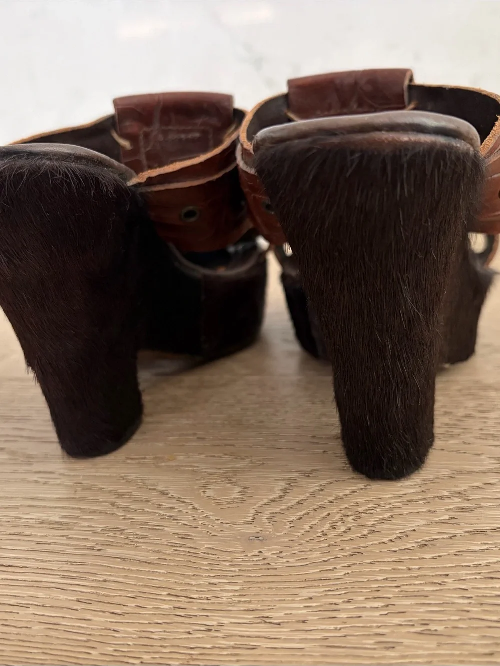 Henry Beguelin Made in Italy Pony Hair And Brown Leather Platform Wedge Mules
